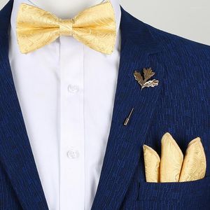 Pajaritas de seda dorada de lujo para hombre, conjunto de broche de pañuelo amarillo a la moda para hombre, mariposa Noeud Papillon Homme boda