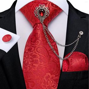 Pajaritas de seda roja de lujo Paisley para hombre, pañuelo, gemelos con broche, cadena, accesorios para fiesta de boda, regalo, venta al por mayor