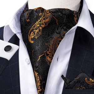 Bow Ties Mens Vintage Luxury Gold Black Paisley Silk Necktie Cravat Ascot Scrunch Self Tie Pocket Square set Party Dibangu1