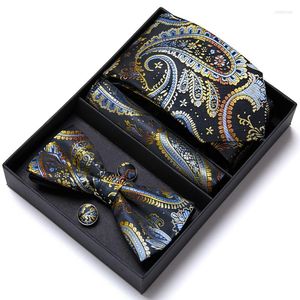 Cravates d'arc en gros Coffret cadeau Cravate Bowtie Hanky Boutons de manchette Set pour hommes Soie Bleu Cravate Gravate Mouchoir Père