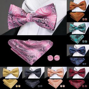 Pañuelos de lazo Precio al por mayor Corbata de Paisley de lujo para hombres Alta calidad 100% Seda Rojo Negro Mariposa Hanky Cufflinks Set Bowtie de boda