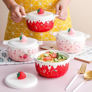 Kawaii Strawberry Ramen Bowl with Lid - 700ml Ceramic Cute Large Fruit Instant Noodle Salad Soup Kitchen Tableware