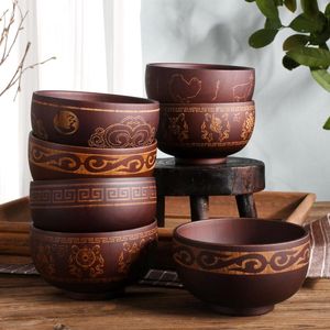 Cuencos Estilo chino Sour Jujube Cuenco de madera Patrón étnico tallado Retro Milk Tea Vajilla natural