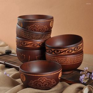 Cuencos de estilo étnico, cuenco de madera de azufaifa agria, patrón tallado, vajilla especial de Mongolia, té de la leche