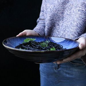 Cuencos de cerámica japonesa para fideos, cuenco para Pasta, platos grandes para sopa, vajilla creativa de porcelana de Color azul Drak, plato para ensalada, vajilla de cocina