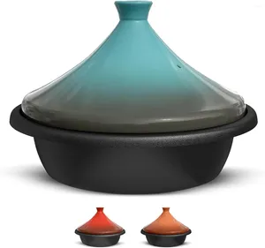 Tazones Tajine marroquí de hierro fundido esmaltado Tajine con tapa cerrada en forma de cono de cerámica 3.3 QT (azul piedra)