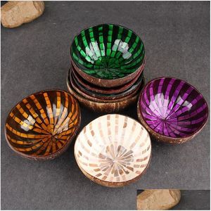 Tazones Venta al por mayor Vietnamita Natural Coco Shell Tazón Decorativo Almacenamiento de madera Pintado a mano Colorf Adorno Candy Drop Entrega Hom Ot9Mo