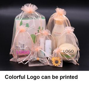 Cajas 100 Uds. Bolsas de regalo de Organza con cordón de impresión en color champán personalizadas bolsas pequeñas embalaje de joyería bolsa de maquillaje