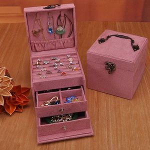 Cajas Caja de joyería de 3 capas, pequeño y exquisito tipo cajonera, anillo de almacenamiento, soporte de exhibición para collar, estuche portátil para pendientes
