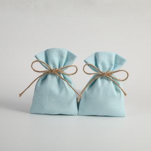 Cajas 50 Uds. Bolsa de joyería de cubo de arpillera de algodón azul bolsa pequeña para fiesta de boda bolsa de dulces organizador bolsa de regalo de embalaje de joyería personalizada