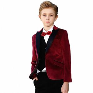 Traje de Veet rojo para niños Conjunto de tres piezas Chaqueta + Pantalones + Chaleco 2023 New Fi High-End Handsome Formal Ocns Ropa K7aw #