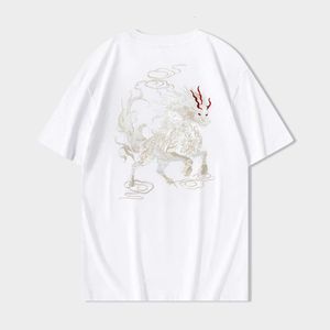 T-shirt à manches courtes pour garçons Qilin Xiangyun broderie imprimée col rond en coton ample Ruffian beau T-shirt à manches mi-longues chinois-chic