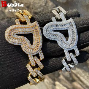 Bracelets Bulle Lettre Grand Coeur Ouvert Charme Lien Cubain Bracelet pour Femmes Véritable Plaqué Or Hip Hop Bijoux Glacé Accessoires De Mode