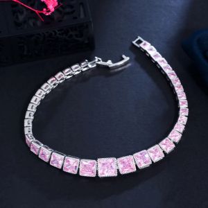 Bracelets CWWZIRCONS Classic Tennis Chain Silver plaqué Elegant magnifique carré rose cubique Zircone Bracelets pour femmes CB285