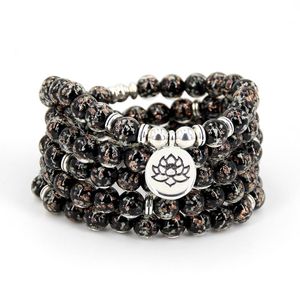 Pulseras Nueva pulsera femenina cuentas luminosas de cristal negro 108 maleta mala yoga flor de loto joyería dropshipping