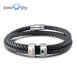 Bracelets Bracelet de perles gravées carrées personnalisées avec pierre de naissance nom personnalisé en acier inoxydable bracelets en cuir tressé noir pour hommes