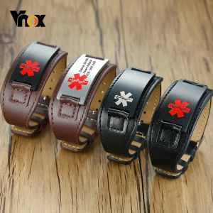 Bracelets vnox Free Custom Men Id Wristband Bracelets en cuir authentique avec bar médical en acier inoxydable