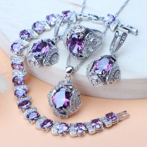 Bracelets Women Jewelry Set 925 Silver Wedding Jewelry Boucles d'oreilles en zircon Bridal Purple Zircon