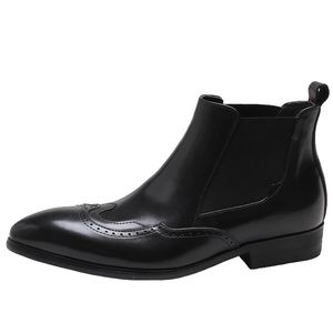 Botas Chelsea de marca para hombre, zapatos de cuero de vaca genuino, suela de goma informal, zapatos Brogue de boda con punta estrecha negra para hombre