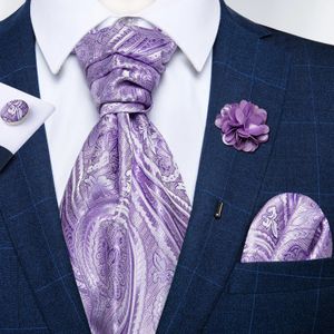 Marque Mens Scarf Fashion Design Silk Ascot Tie Paisley Floral Purple Coldie Bijoux Brooch Set Man Cravat pour le mariage Party240409