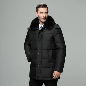 Chaqueta de invierno para hombre de marca, abrigo largo ruso, sombrero, Cuello de piel, grueso, resistente al viento, impermeable, chaqueta de plumón de pato blanco 90% para hombre-30 grados