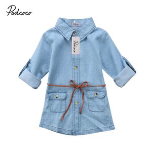 Brand New Infant Enfant Enfants Fille Denim Robe Jeans Poche À Manches Longues T-shirt Lâche Chemise Mini Robe De Mode Vêtements 2-7T Y0726