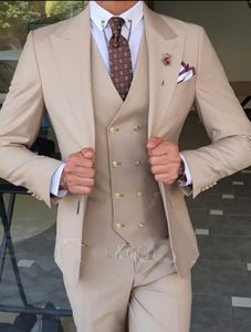 Nuevo vestido de novia de color caqui para hombre, solapa de pico, esmoquin de novio ajustado, cena popular/vestido de Darty, traje de 3 piezas, chaqueta, pantalones, chaleco de corbata 0636