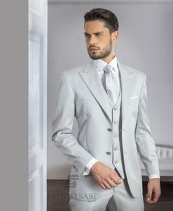 Brand New Light Grey Groom Tuxedos Notch Lapel Groomsman Wedding 3 Piece Suit Excellent Men Business Jacket Blazer (Veste + Pantalon + Cravate + Gilet) 655