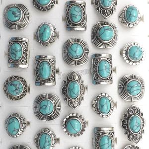 Nuevos anillos de piedra turquesa Vintage, diseño mixto, anillos de plata tibetanos antiguos ajustables, envío gratis, 50 Uds. Al por mayor