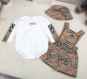 Combinaisons de marque pour nouveau-né, body pour bébé, taille 66 à 100, design épissé, sweat à capuche, robe à bretelles arrière à carreaux, chapeau de pêcheur, Jan20