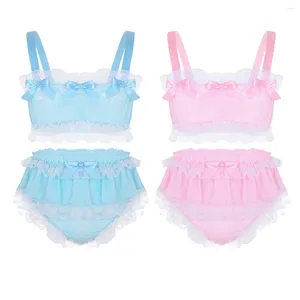 Bras Sets 2pcs Mens encaje volador Sissy Lingerie Set Sprleveless Chiffon Top con ropa interior gay sexy gay de falda en calabape