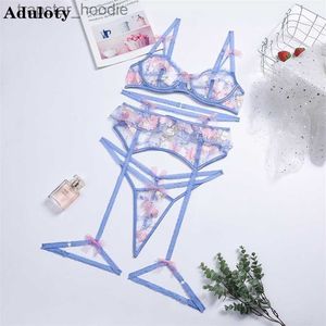 Soutien-gorge Ensembles Aduloty Femmes Creux Sous-Vêtements Séduisants Bleu Broderie Fleurs Soutien-Gorge String Jarretières 3 PS Été Sexy Lingerie Érotique Ensemble 211104 L230919