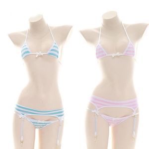 Conjuntos de sujetadores, lencería Sexy japonesa para mujer, Lolita Kawaii, minibikini a rayas azul, rosa y blanco, disfraces de Cosplay para adultos, conjunto de ropa interior con sujetador