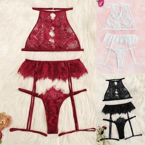 Ensembles de soutiens-gorge Lenceria Sex Shop femmes Lingerie Sexy soutien-gorge en dentelle string creux jarretière vêtements de nuit ensemble noir S-XL Lengerie Femenina