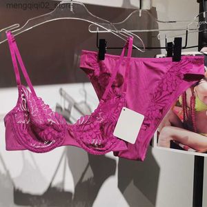 BH's Sets Lichte luxe doorzichtige dunne bh-set sexy kant met stalen ring verleiding string ondergoed dames non-spons bralette panty Q230922