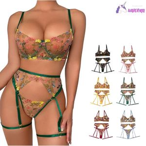 Soutien-gorge Ensembles Lingerie Ensemble Sensuel Dentelle Sous-Vêtements Transparent Broderie 3 pcs Jarretières Fantaisie Belle Courte Kits De Soins De La Peau Soutien-Gorge Intime