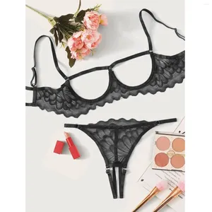 Soutien-gorge Ensembles Coupes ouvertes Soutien-gorge Ensemble Dentelle Sexy Lingerie Érotique Femmes Sous-Vêtements Robe Exposée Avec Entrejambe Culotte Bref