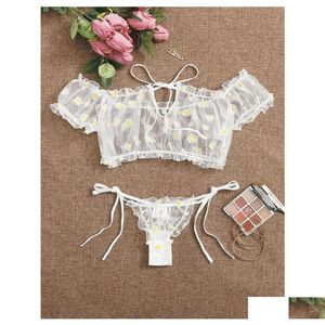 Bras sets porno femmes y lingerie set costumes babydoll 2pcs pyjamas thongs tops margueure imprime dentelle transparente