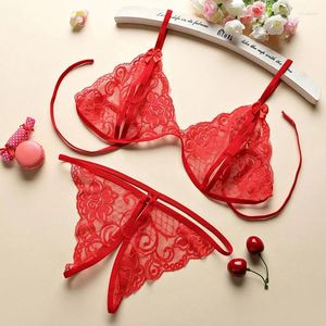Bras Sets Sexy Open Lingerie See-through Lace Bra Crotchless Panty Porn Pearl Thong Naughty Underwear Erotic Sex Costume Two-piece 8CLM