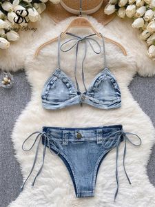 Soutien-gorge Ensembles Singreiny Femme Denim Sensuelle Sous-vêtements Costumes Halter Court Soutien-gorge À Lacets String Mode Sexy Bikini Érotique Porno Lingerie