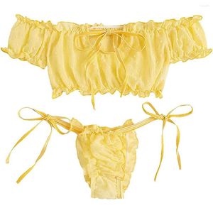 Conjuntos de sujetadores Conjunto de lencería sexy para mujer Malla de encaje con volantes Punto lindo Sujetador transparente y panty Tanga inalámbrica Vendaje exótico