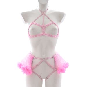 Ensembles de soutiens-gorge femmes Sexy dentelle rose soutien-gorge réglable haut court Cage poitrine ouverte Bralette Bondage corps harnais Lingerie ceinture