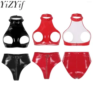 Sistemas de sujetadores para mujer sexy charol de cuero desnudo lencería traje ropa interior copas abiertas sujetador tops con calzoncillos de entrepierna bragas ropa de dormir