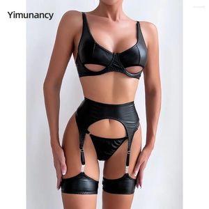 Soutien-gorge Ensembles Yimunancy Pu Cuir Découpé Lingerie Ensemble Femmes Punk Style Sexy Soutien-Gorge Sous-Vêtements Sensuelle Jarretière Kit