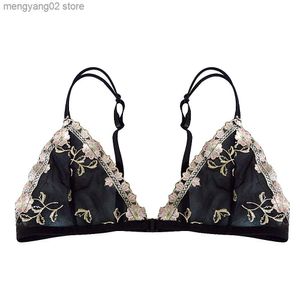 Sujetadores YANDW Lace Triangle Cup Bra para mujer Lencería sexy Cierre frontal Bralette Floral Thin Plus Size A B C D 32 34 36 38 40 42 44 T230522