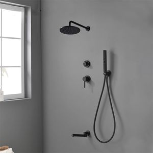 Brass Matte Black Wall Embed Mount 3-Function Concealed Shower System 10 Inch Top Rain Spray Bathroom Faucet