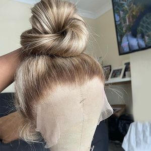 Perruques brésiliennes à racines brunes blondes pour femmes, cheveux humains transparents, pre-plucked, reflets 613 bruns, perruque frontale en dentelle synthétique résistante à la chaleur