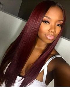 Brasileño 99 Paquetes de cabello 9A Sin procesar Vino rojo Recto Tejido de cabello humano Borgoña Ofertas