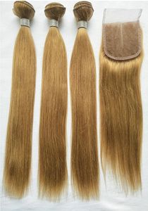 Brasil rubio cabello humano 3 paquetes con cierre de encaje de color 27 brasileño recto remy extensiones de tejido de cabello humano con Closu8049472