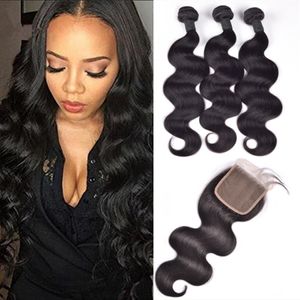 Elibess Virgin Brasileño Hair Human Wave onda 3 paquetes con 4 * 4 Cierre, Venta al por mayor Best Virgin Human Hair Bundles con cierre